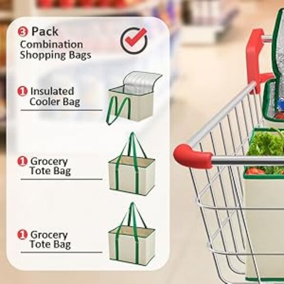 3Pack Reusable Grocery Bags w/ Reinforced Bottom & Handles(1-Tote + 2-Insulated) - Picture 12 of 13